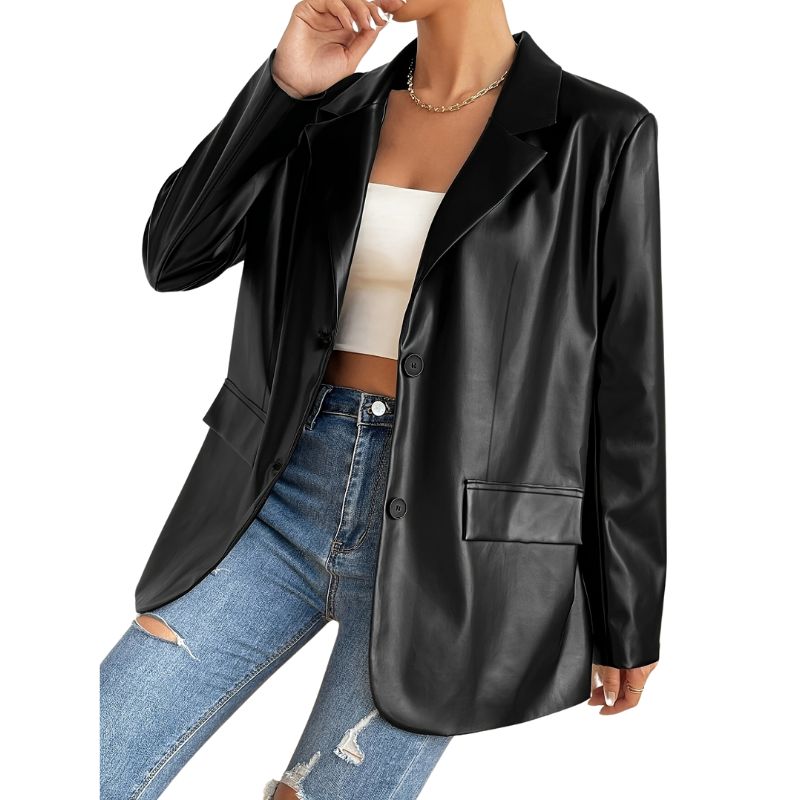 Women's Faux Leather Blazer with Pockets